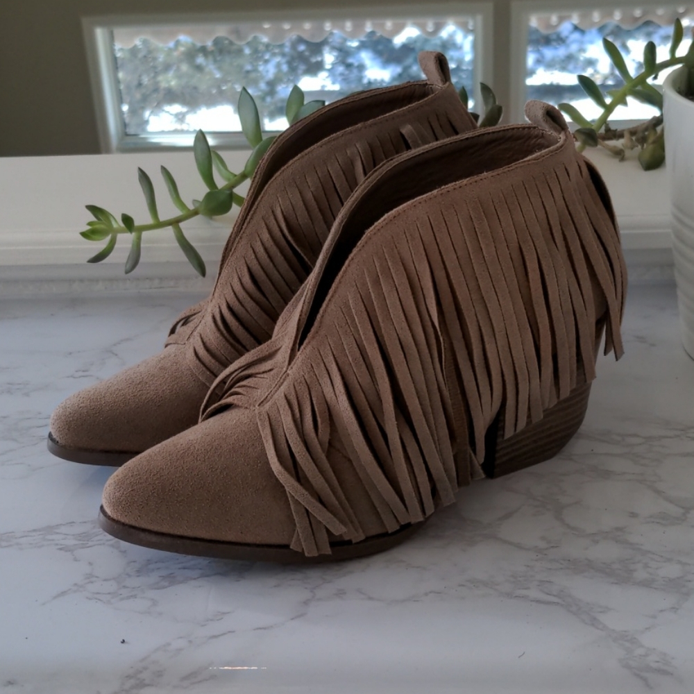 Taupe Vegan Suede Fringe Booties